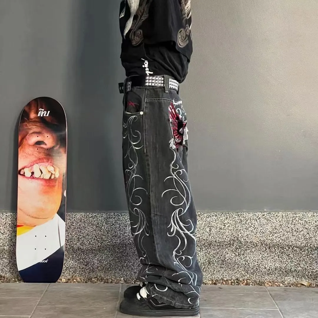 Men's Jeans with Gothic Embroidered Print, Loose Wide Leg Casual Straight Leg Versatile Wide Leg Pants