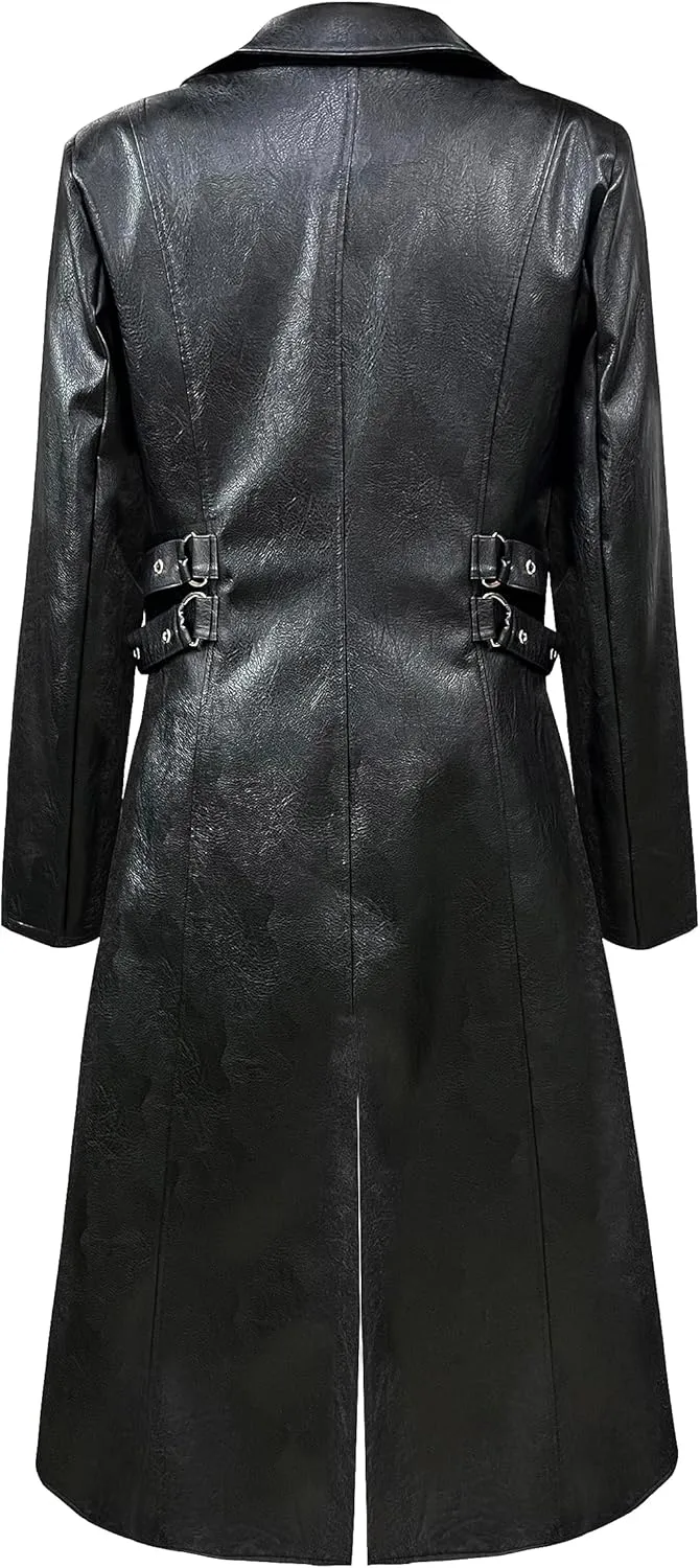 Mens Steampunk Faux Leather Jacket Trench Coat Motorcycle Jacket