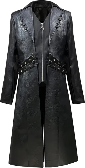 Mens Steampunk Faux Leather Jacket Trench Coat Motorcycle Jacket