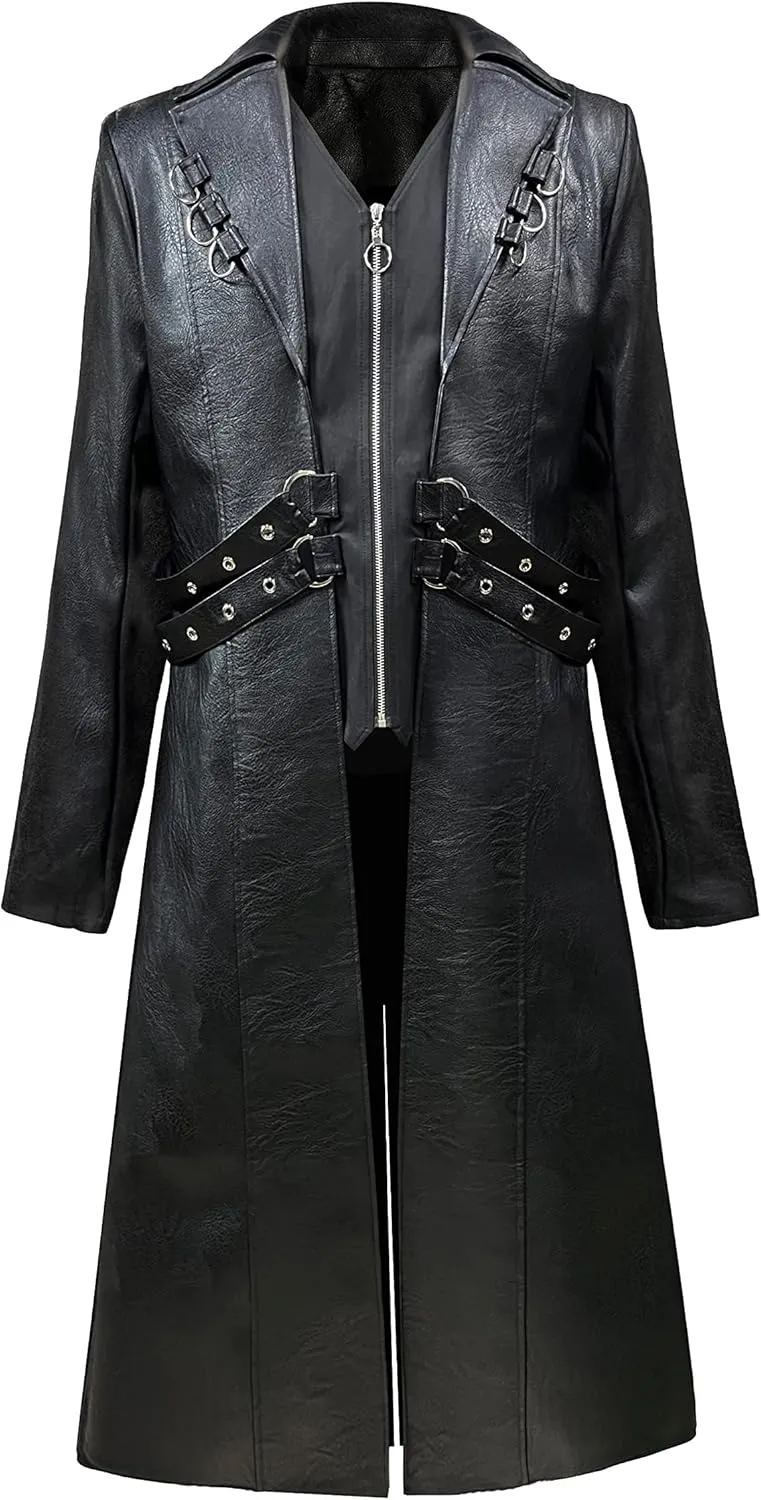 Mens Steampunk Faux Leather Jacket Trench Coat Motorcycle Jacket