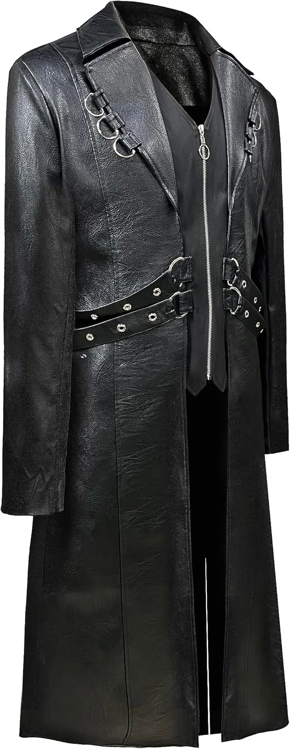 Mens Steampunk Faux Leather Jacket Trench Coat Motorcycle Jacket