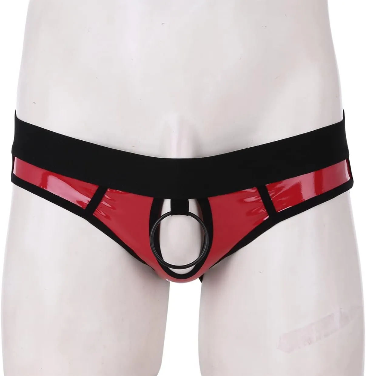 Men's Wetlook PVC Leather Hollow Out Thongs Bugle Briefs with Metal O-Ring Underwear