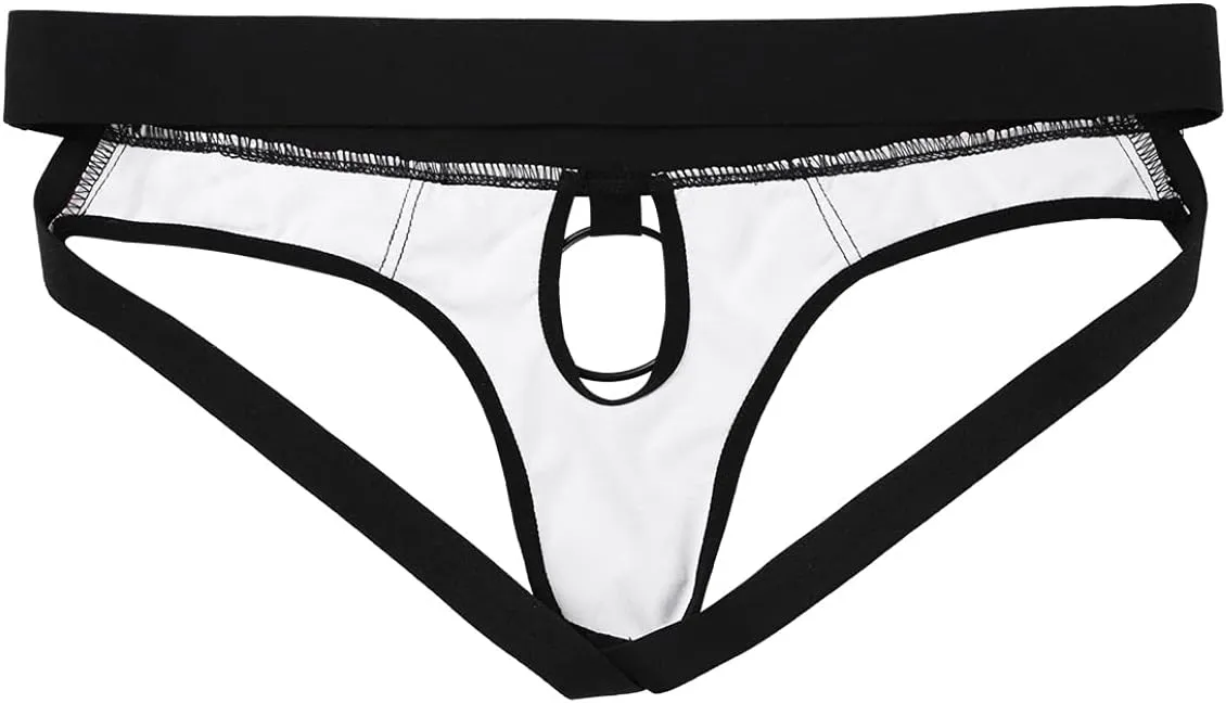 Men's Wetlook PVC Leather Hollow Out Thongs Bugle Briefs with Metal O-Ring Underwear
