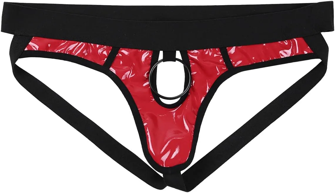 Men's Wetlook PVC Leather Hollow Out Thongs Bugle Briefs with Metal O-Ring Underwear