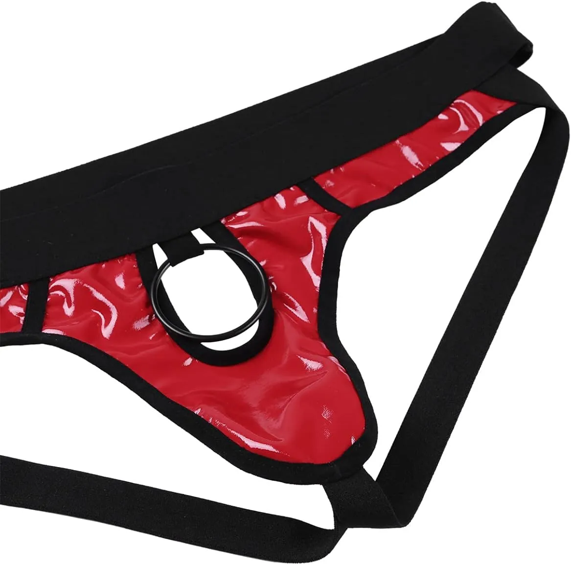 Men's Wetlook PVC Leather Hollow Out Thongs Bugle Briefs with Metal O-Ring Underwear