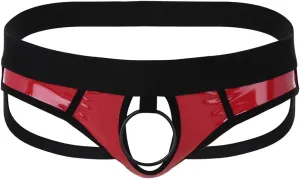 Men's Wetlook PVC Leather Hollow Out Thongs Bugle Briefs with Metal O-Ring Underwear