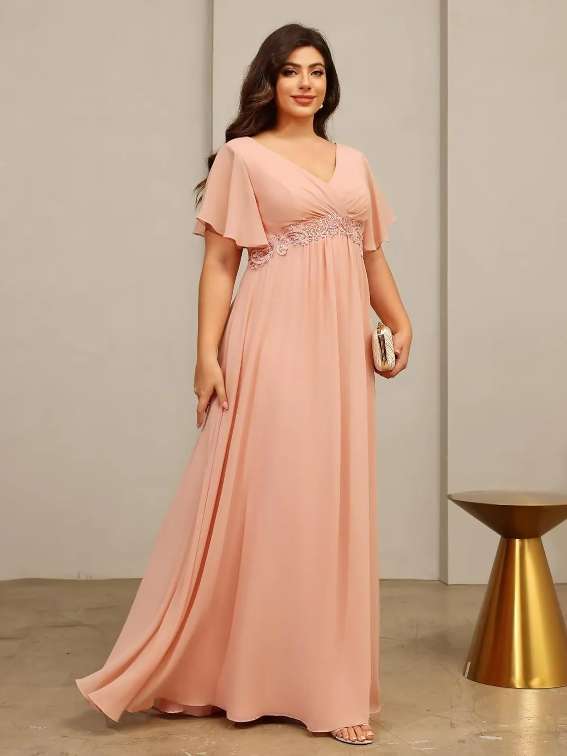 Miao Duo Plus Size Short Sleeves Mother of The Bride Dresses for Curvy Women V Neck Formal Dresses with Pockets YZTS224