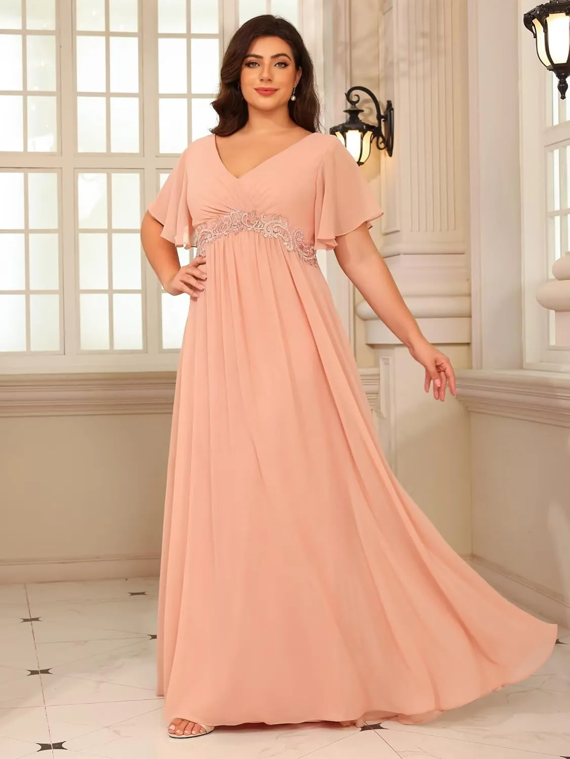 Miao Duo Plus Size Short Sleeves Mother of The Bride Dresses for Curvy Women V Neck Formal Dresses with Pockets YZTS224
