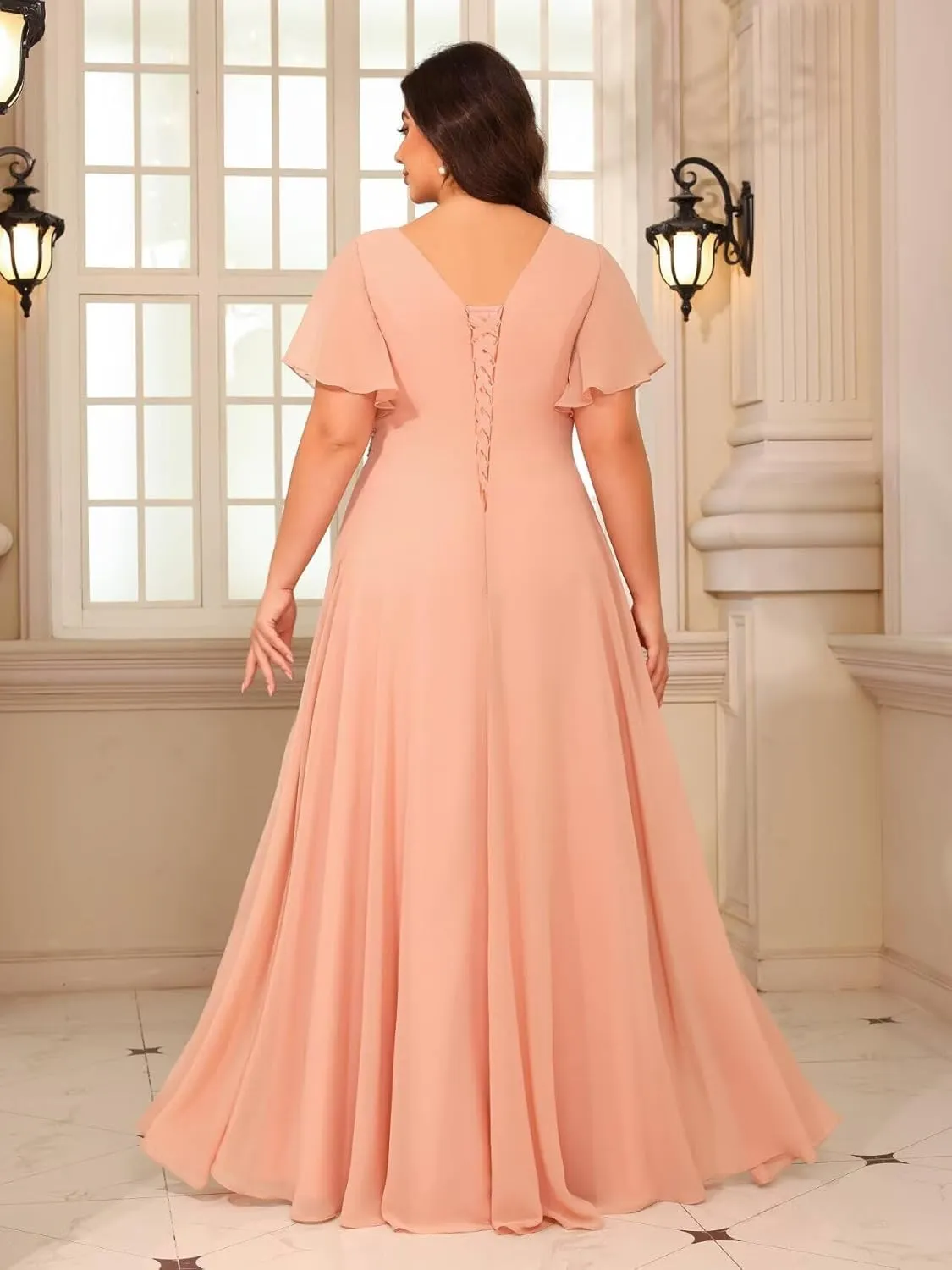 Miao Duo Plus Size Short Sleeves Mother of The Bride Dresses for Curvy Women V Neck Formal Dresses with Pockets YZTS224
