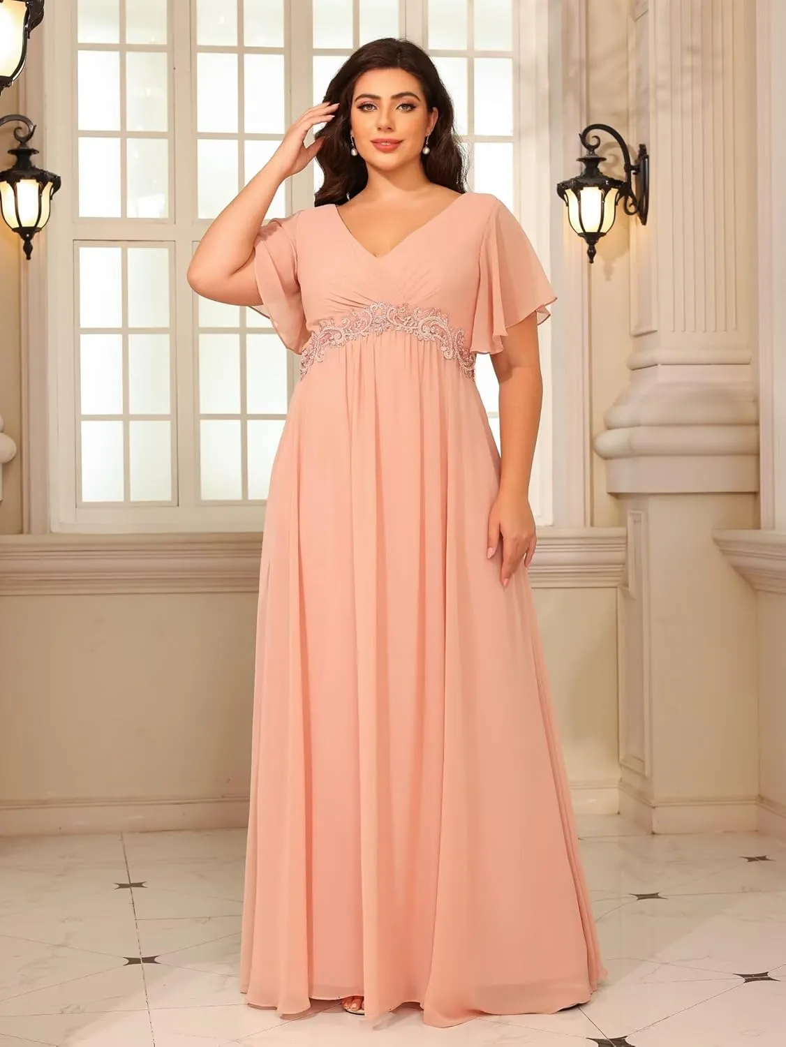 Miao Duo Plus Size Short Sleeves Mother of The Bride Dresses for Curvy Women V Neck Formal Dresses with Pockets YZTS224