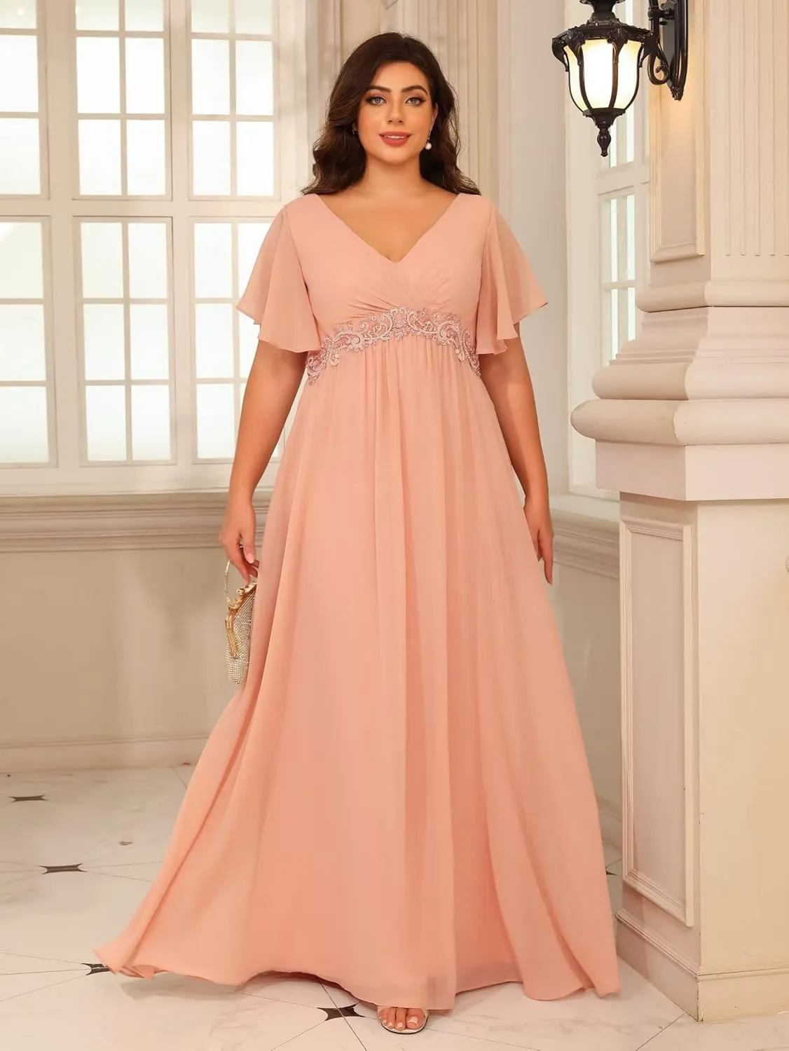 Miao Duo Plus Size Short Sleeves Mother of The Bride Dresses for Curvy Women V Neck Formal Dresses with Pockets YZTS224
