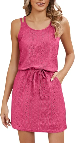 midelxp Summer Sundresses for Women Hollow Out Swimsuit Cover Up Beach Dresses Spaghetti Strap Lace Up Jacquard Tank Dress