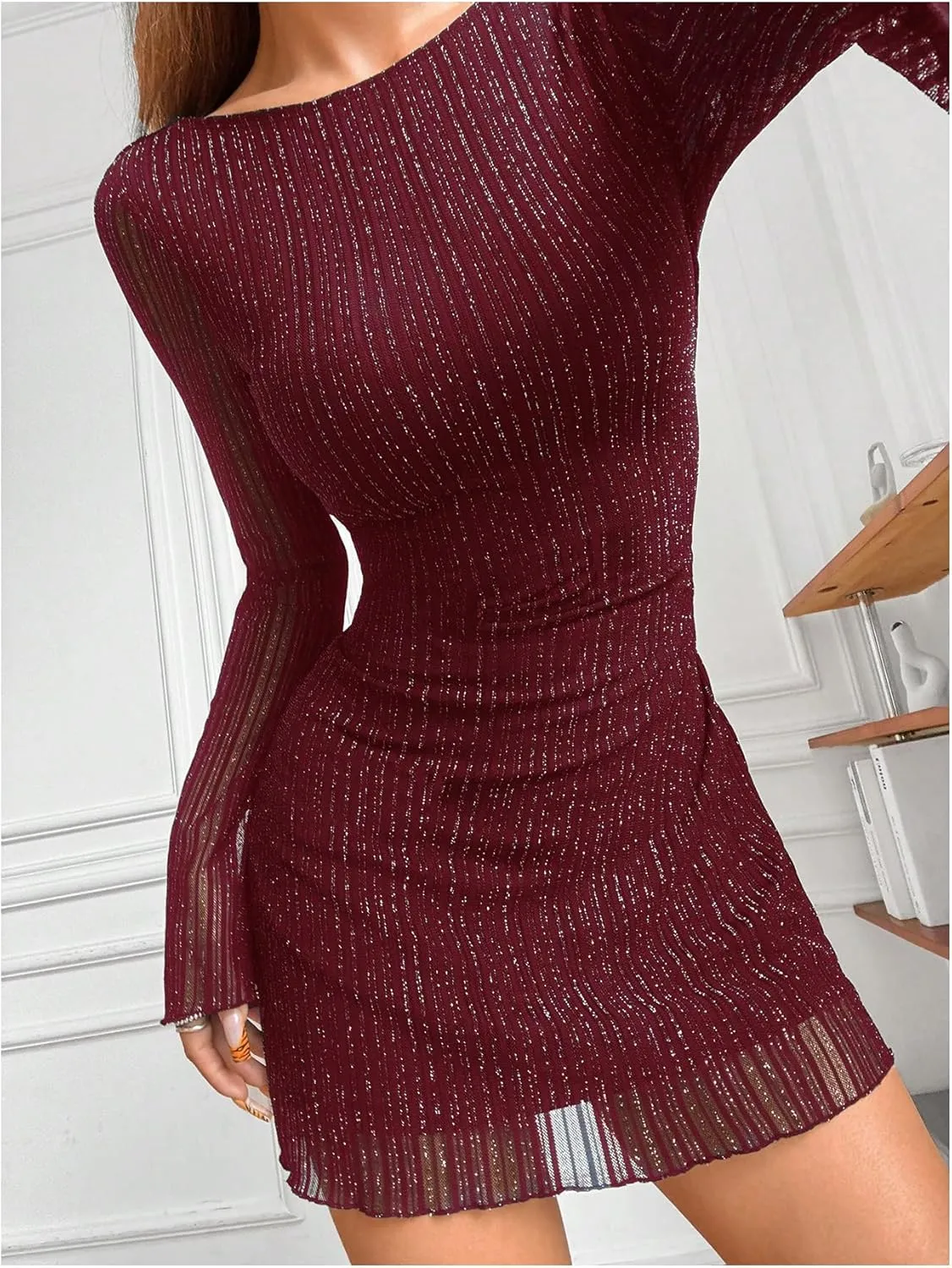 Milumia Women's Sparkly Mesh Long Sleeve Short Dress Backless Glitter Mini Dresses