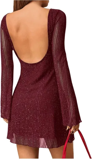 Milumia Women's Sparkly Mesh Long Sleeve Short Dress Backless Glitter Mini Dresses