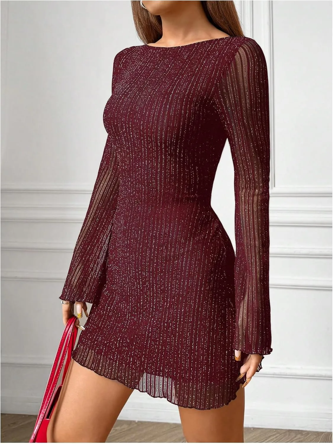 Milumia Women's Sparkly Mesh Long Sleeve Short Dress Backless Glitter Mini Dresses