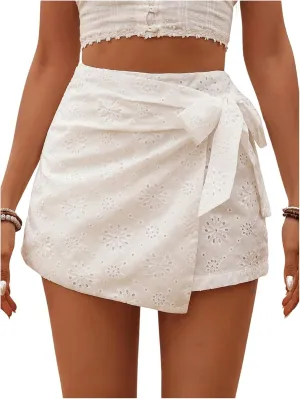 Milumia Women's Summer Wrap Tie Skirt Eyelet Knot Side Boho High Waist Skirts Shorts Skort