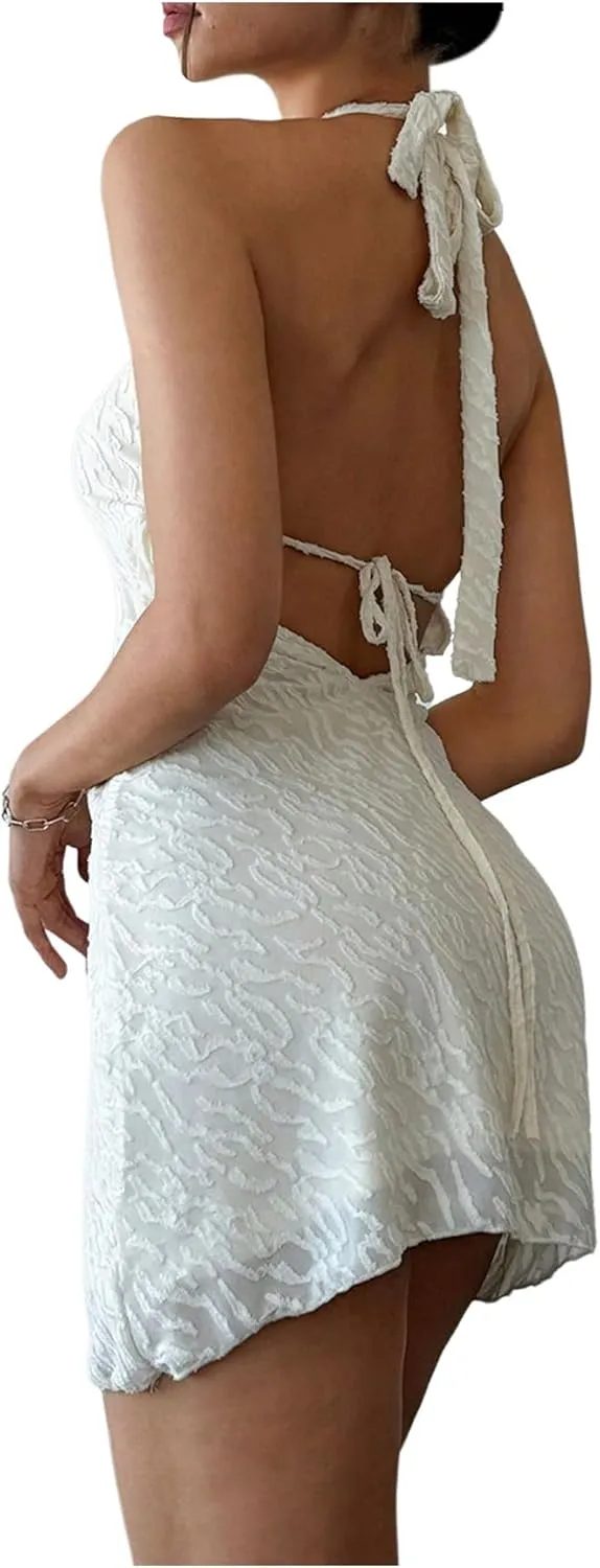 Milumia Women's Textured Halter Short Dress Tie Backless Sleeveless Mini Dresses