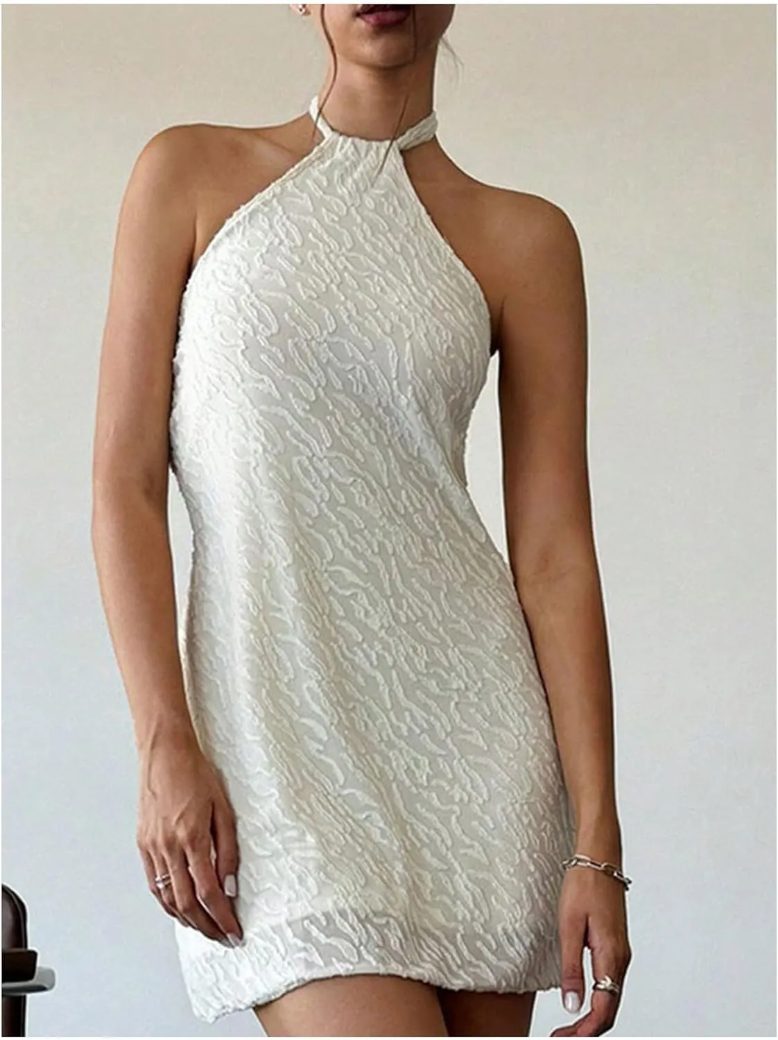 Milumia Women's Textured Halter Short Dress Tie Backless Sleeveless Mini Dresses