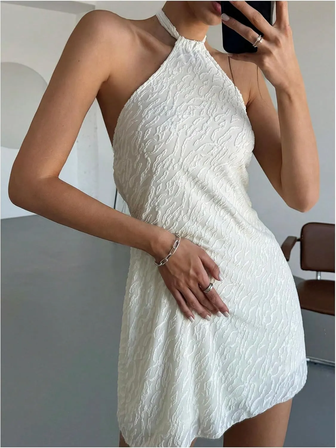 Milumia Women's Textured Halter Short Dress Tie Backless Sleeveless Mini Dresses