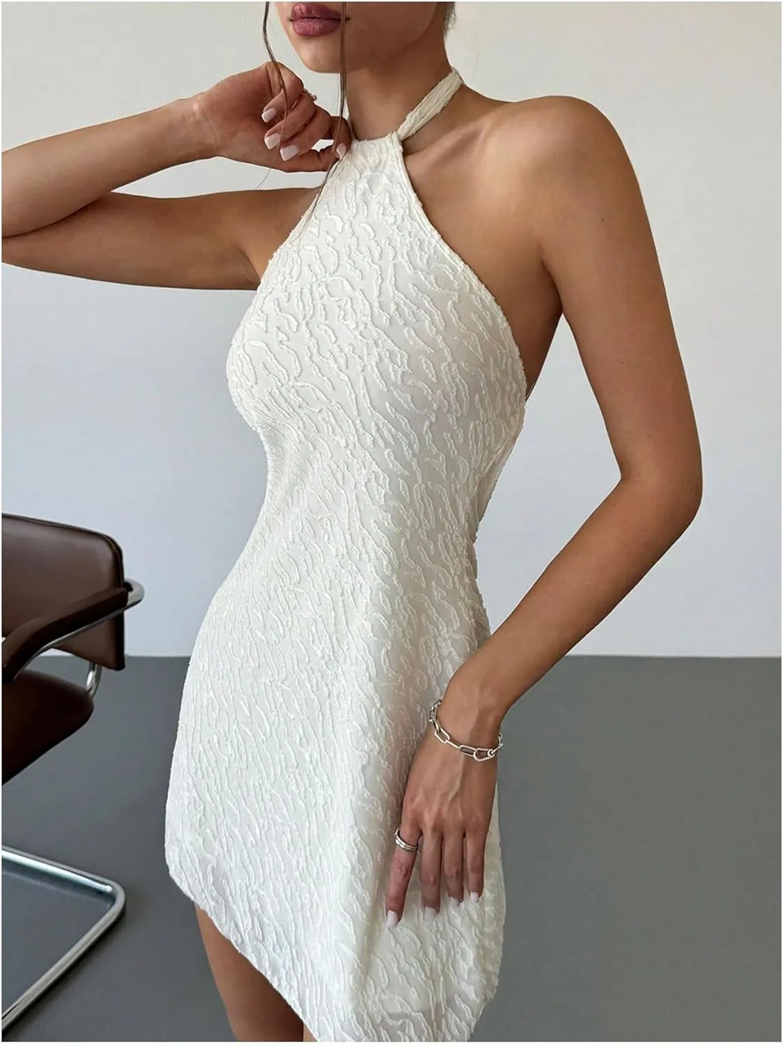 Milumia Women's Textured Halter Short Dress Tie Backless Sleeveless Mini Dresses