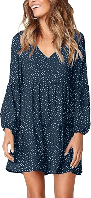 Mini Dresses for Women,2024 Summer Trendy Ruched Ruffle Babydoll Dress,Casual Loose V Neck Long Sleeve Beach Dress