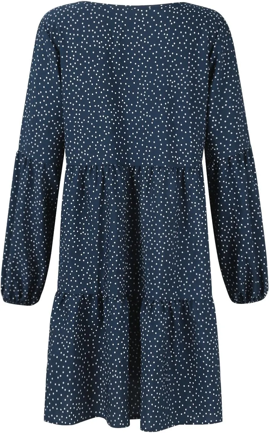 Mini Dresses for Women,2024 Summer Trendy Ruched Ruffle Babydoll Dress,Casual Loose V Neck Long Sleeve Beach Dress
