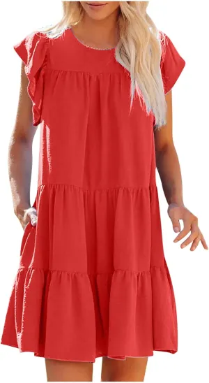 Mini Summer Dresses for Women 2025 Casual Dress Flutter Sleeve Dresses Beach Sun Dress with Pockets Ruffle Dresses