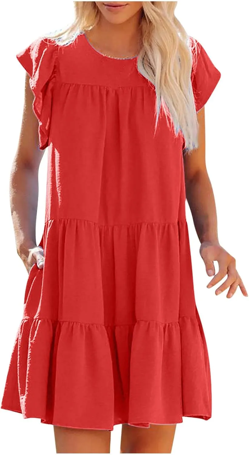 Mini Summer Dresses for Women 2025 Casual Dress Flutter Sleeve Dresses Beach Sun Dress with Pockets Ruffle Dresses