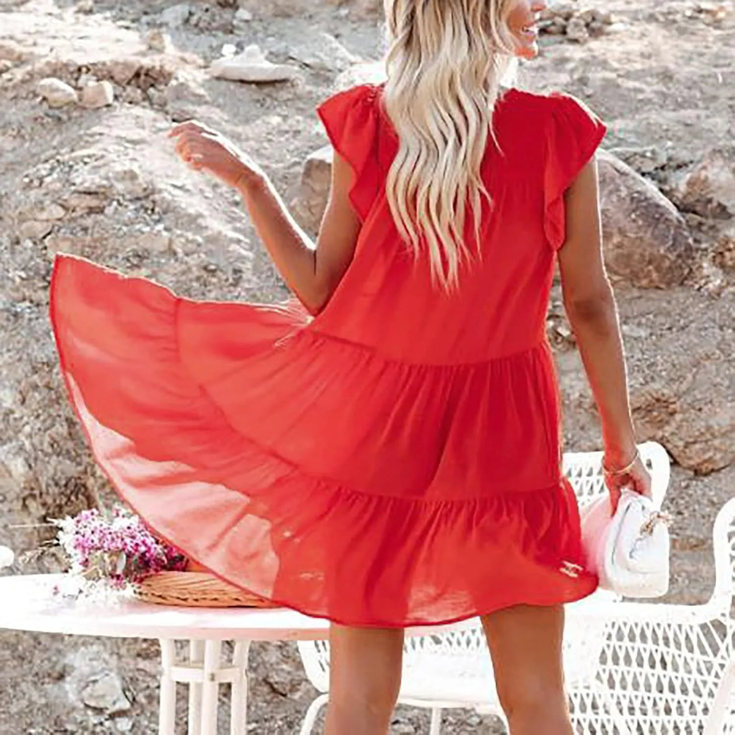 Mini Summer Dresses for Women 2025 Casual Dress Flutter Sleeve Dresses Beach Sun Dress with Pockets Ruffle Dresses