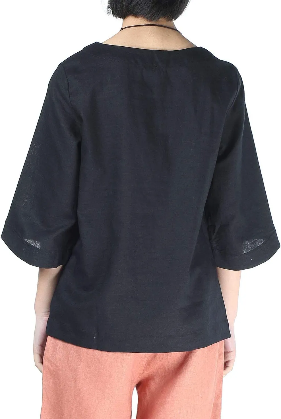 Minibee Women's Linen Blouse Round Neck 3/4 Sleeve Shirt Tops with Chinese Frog Button