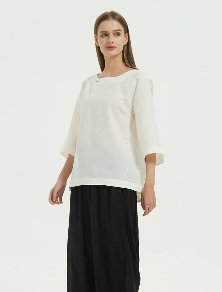 Minibee Women's Linen Blouse Round Neck 3/4 Sleeve Shirt Tops with Chinese Frog Button