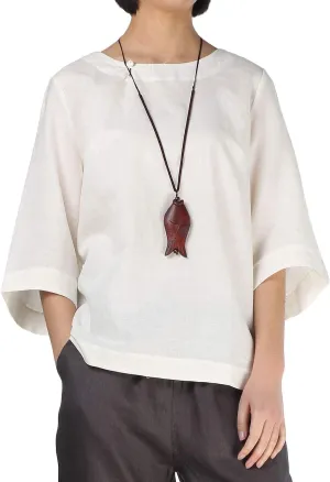 Minibee Women's Linen Blouse Round Neck 3/4 Sleeve Shirt Tops with Chinese Frog Button