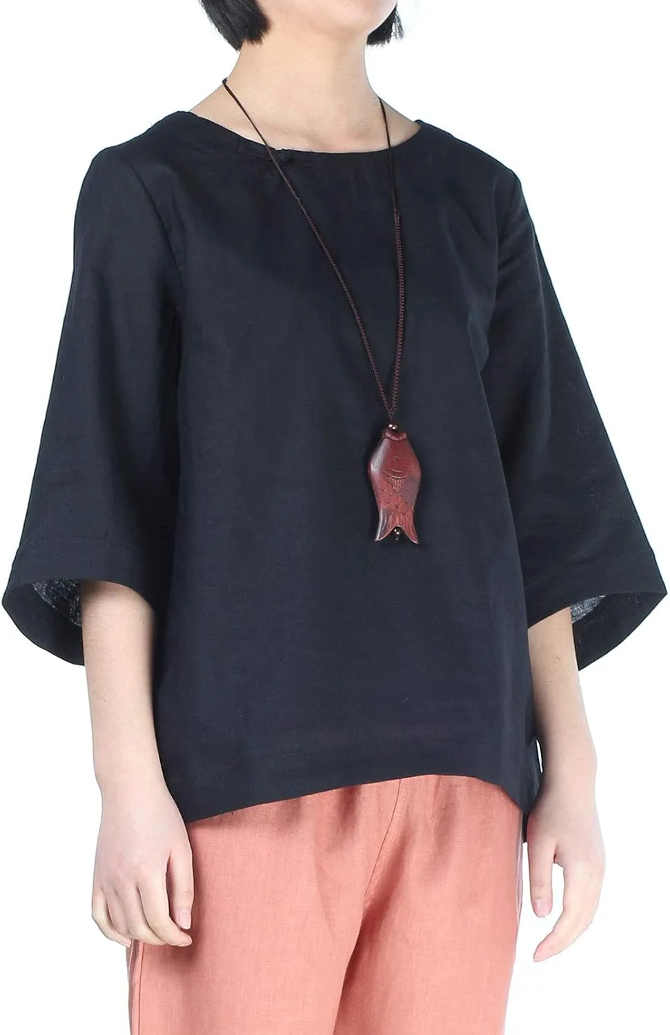 Minibee Women's Linen Blouse Round Neck 3/4 Sleeve Shirt Tops with Chinese Frog Button