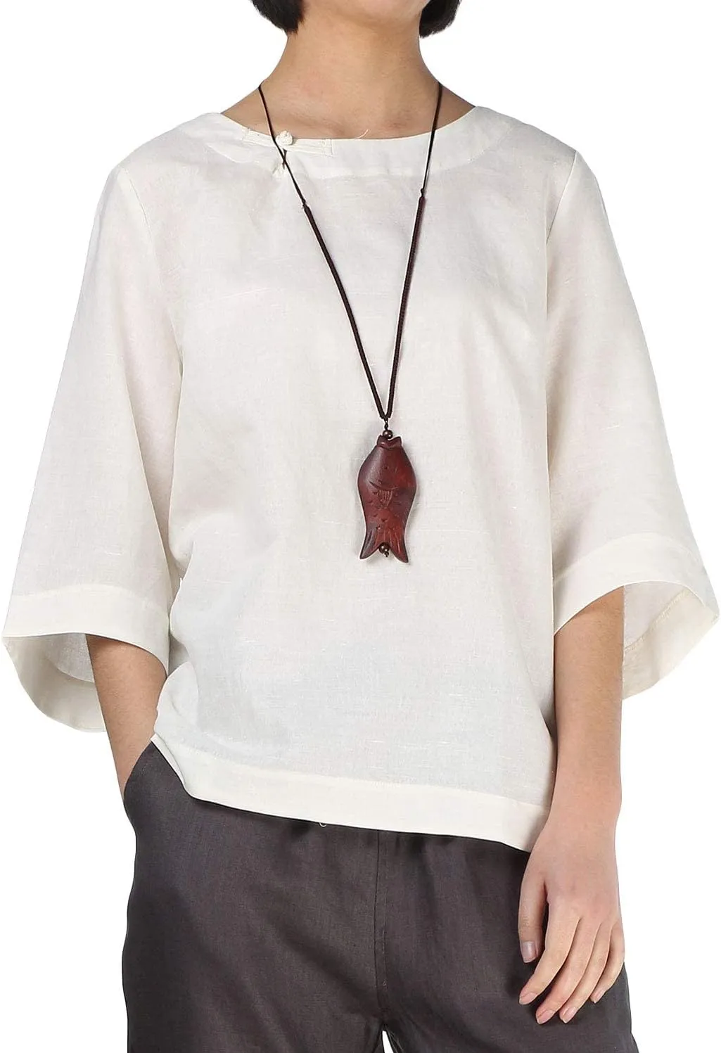 Minibee Women's Linen Blouse Round Neck 3/4 Sleeve Shirt Tops with Chinese Frog Button