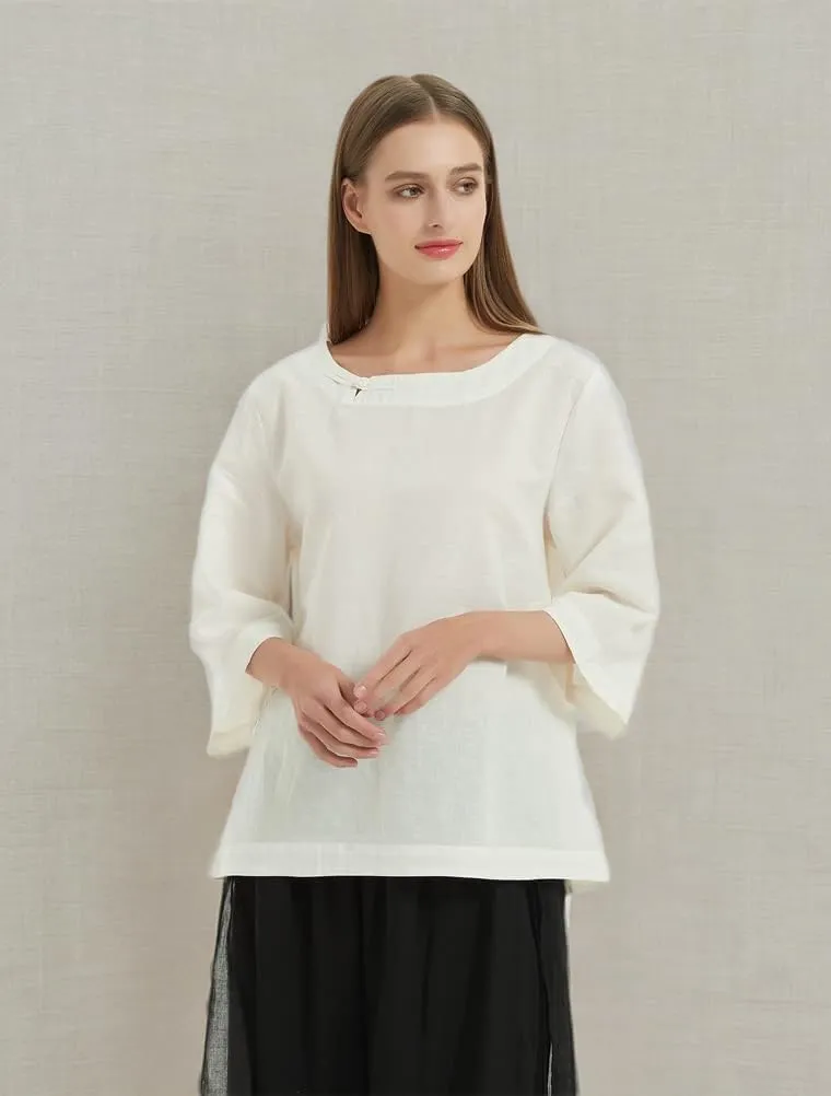 Minibee Women's Linen Blouse Round Neck 3/4 Sleeve Shirt Tops with Chinese Frog Button