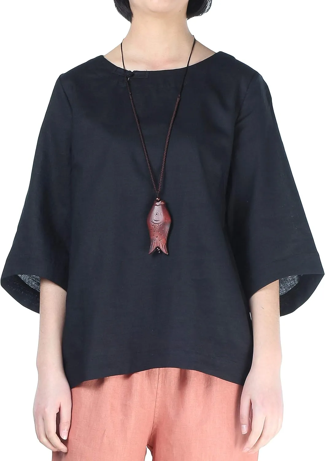 Minibee Women's Linen Blouse Round Neck 3/4 Sleeve Shirt Tops with Chinese Frog Button