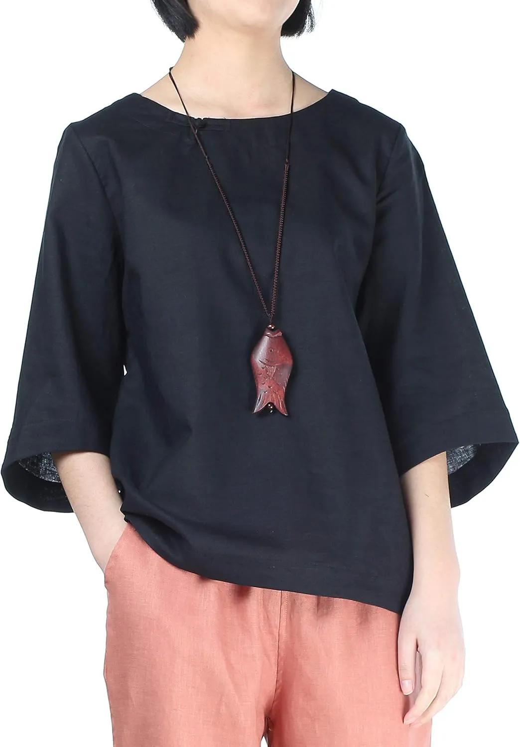 Minibee Women's Linen Blouse Round Neck 3/4 Sleeve Shirt Tops with Chinese Frog Button