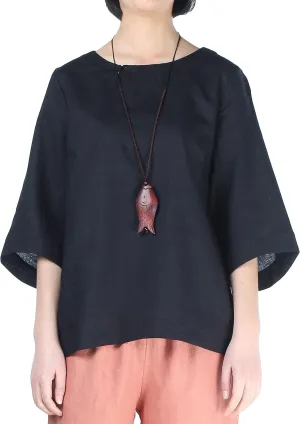 Minibee Women's Linen Blouse Round Neck 3/4 Sleeve Shirt Tops with Chinese Frog Button