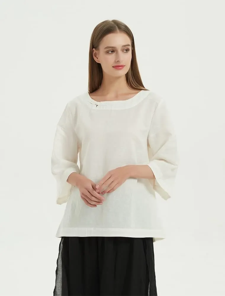 Minibee Women's Linen Blouse Round Neck 3/4 Sleeve Shirt Tops with Chinese Frog Button