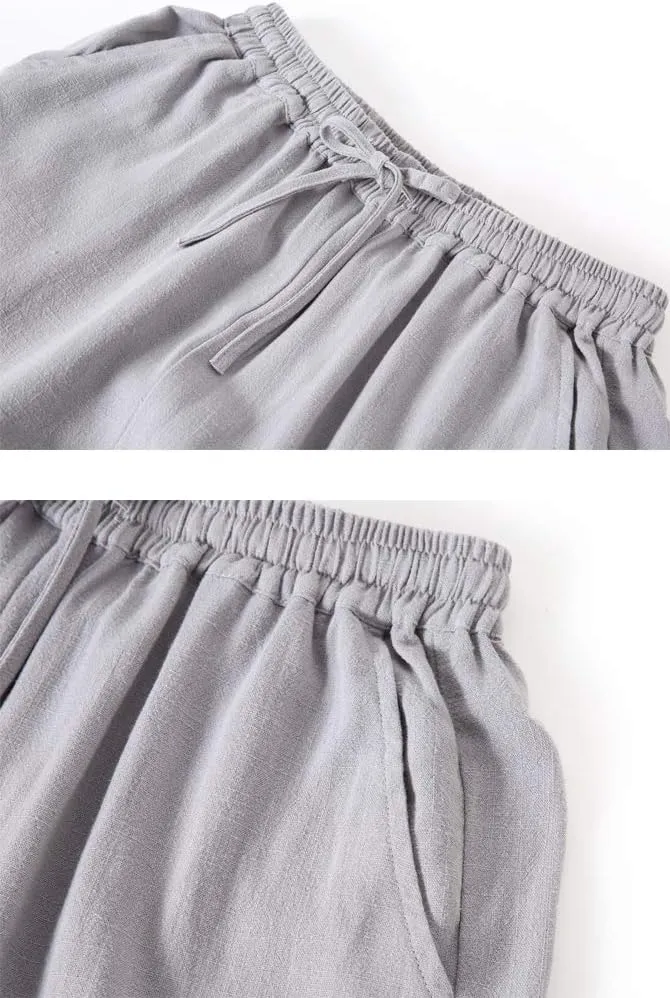 Minibee Women's Linen Pants Drawstring Waist Wide Leg Trousers with Frog Button