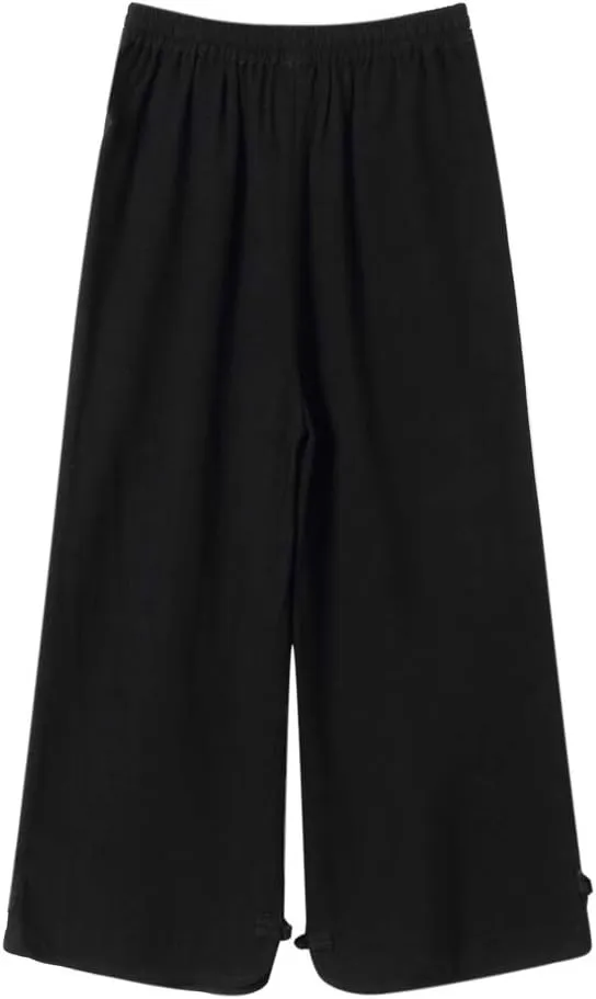 Minibee Women's Linen Pants Drawstring Waist Wide Leg Trousers with Frog Button