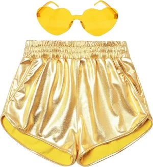 Mirawise Girls Metallic Shorts Shiny Hot Pants Sparkly Dance Outfits Short Pants with Sunglasses
