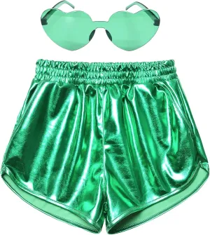 Mirawise Girls Metallic Shorts Shiny Hot Pants Sparkly Dance Outfits Short Pants with Sunglasses