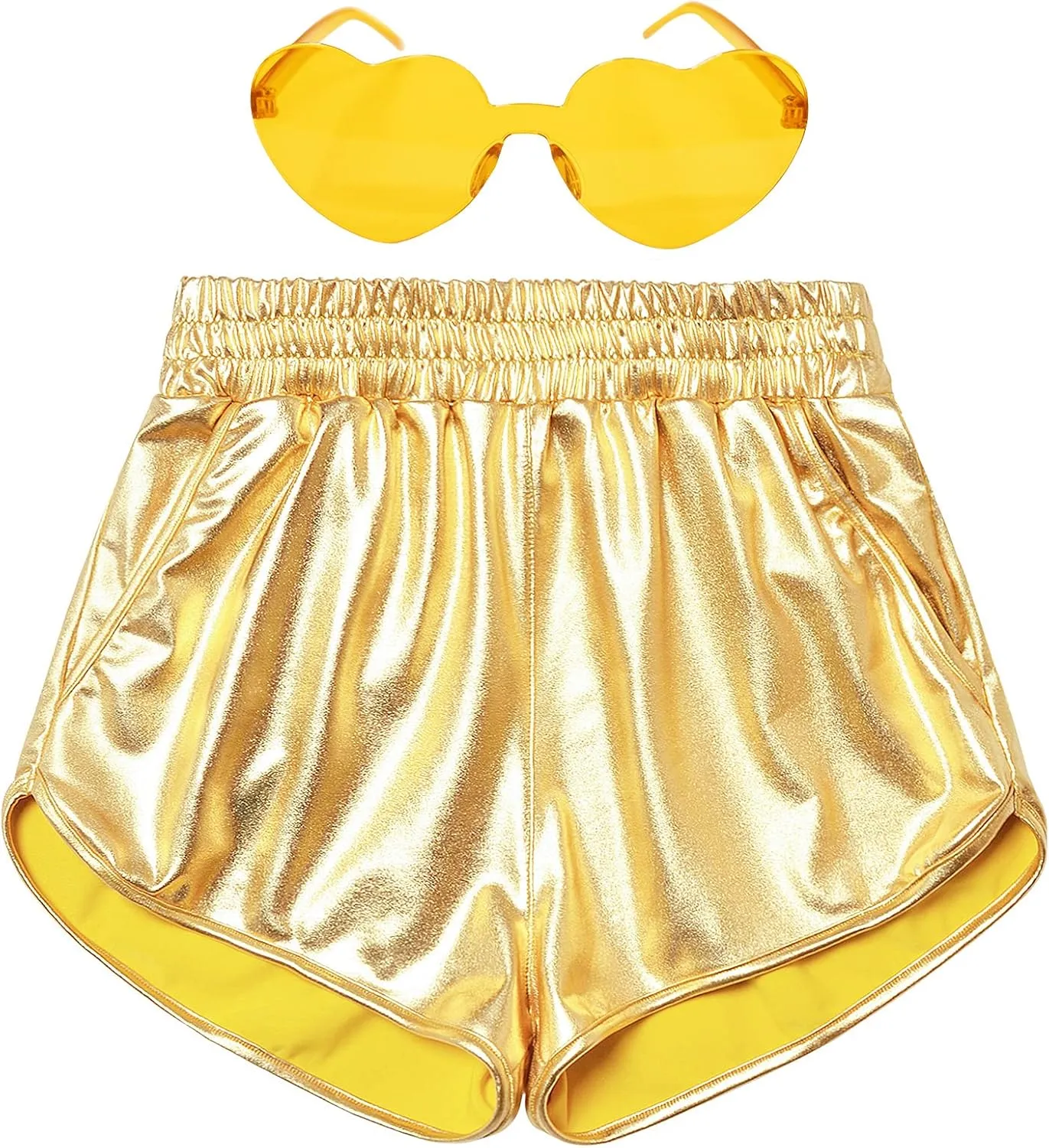 Mirawise Girls Metallic Shorts Shiny Hot Pants Sparkly Dance Outfits Short Pants with Sunglasses