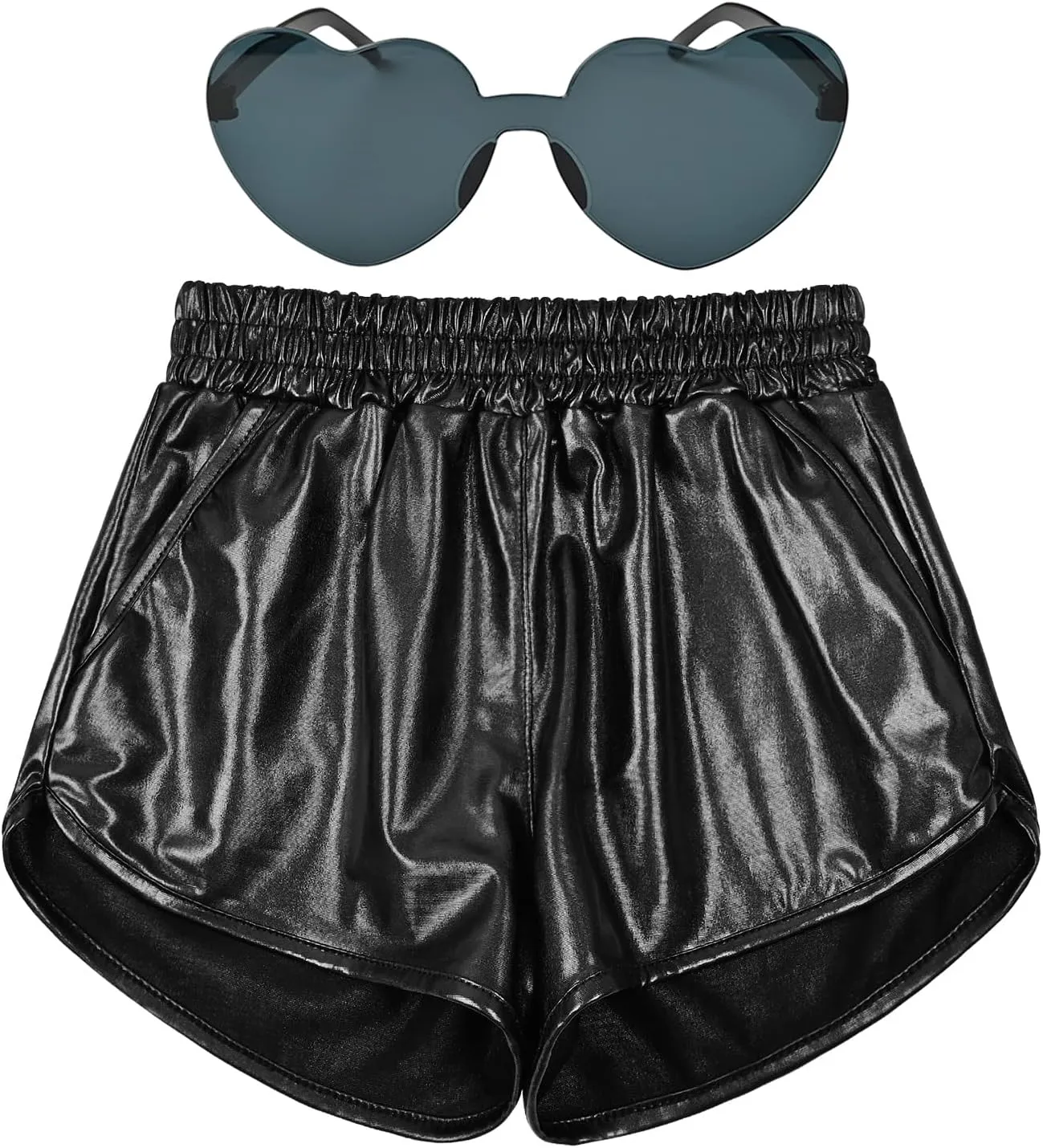 Mirawise Girls Metallic Shorts Shiny Hot Pants Sparkly Dance Outfits Short Pants with Sunglasses