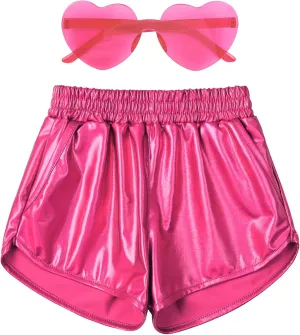 Mirawise Girls Metallic Shorts Shiny Hot Pants Sparkly Dance Outfits Short Pants with Sunglasses
