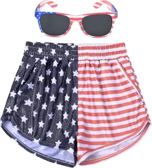 Mirawise Girls Metallic Shorts Shiny Hot Pants Sparkly Dance Outfits Short Pants with Sunglasses