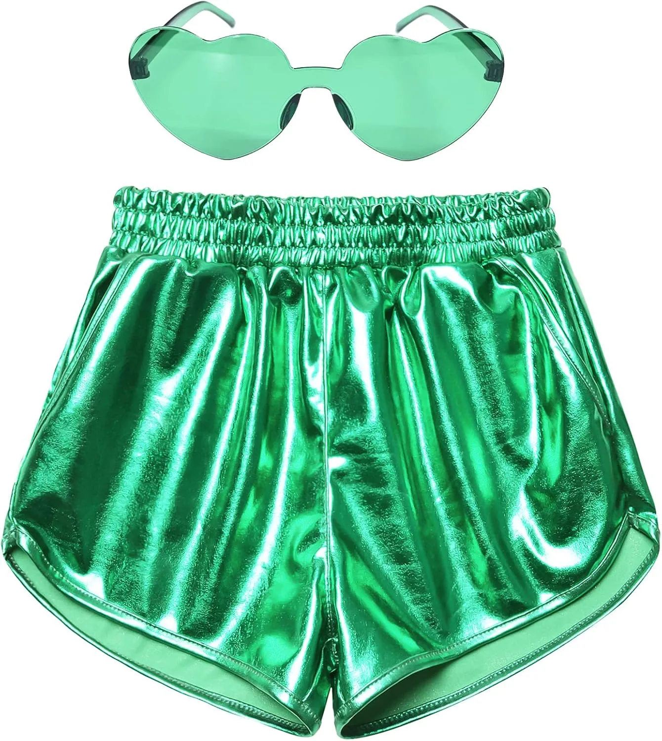 Mirawise Girls Metallic Shorts Shiny Hot Pants Sparkly Dance Outfits Short Pants with Sunglasses