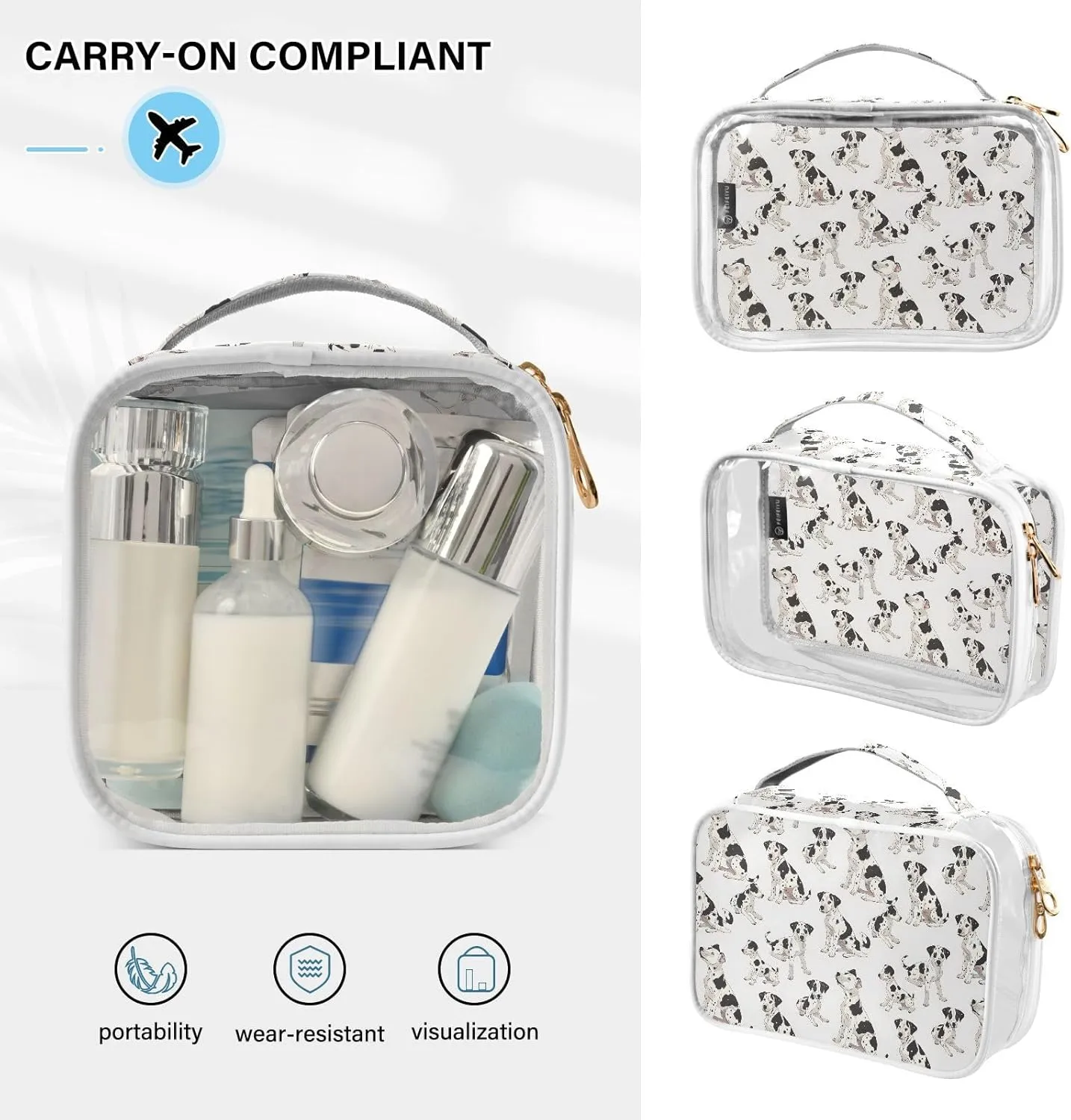 MNSRUU Clear Makeup Bags Spotted Dog Toiletry Bag for Women 2 PCS Waterproof Clear Bags Clear Travel Toiletry Bag Small Cosmetic Makeup Bag, Carry on Airport Airline Compliant Bag