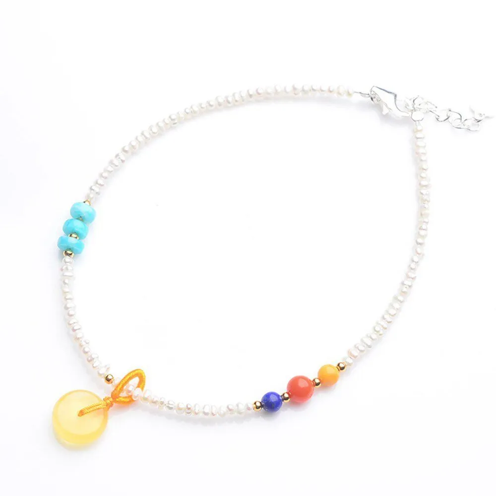 Natural Pearl & Crystal Beaded S925 Anklet